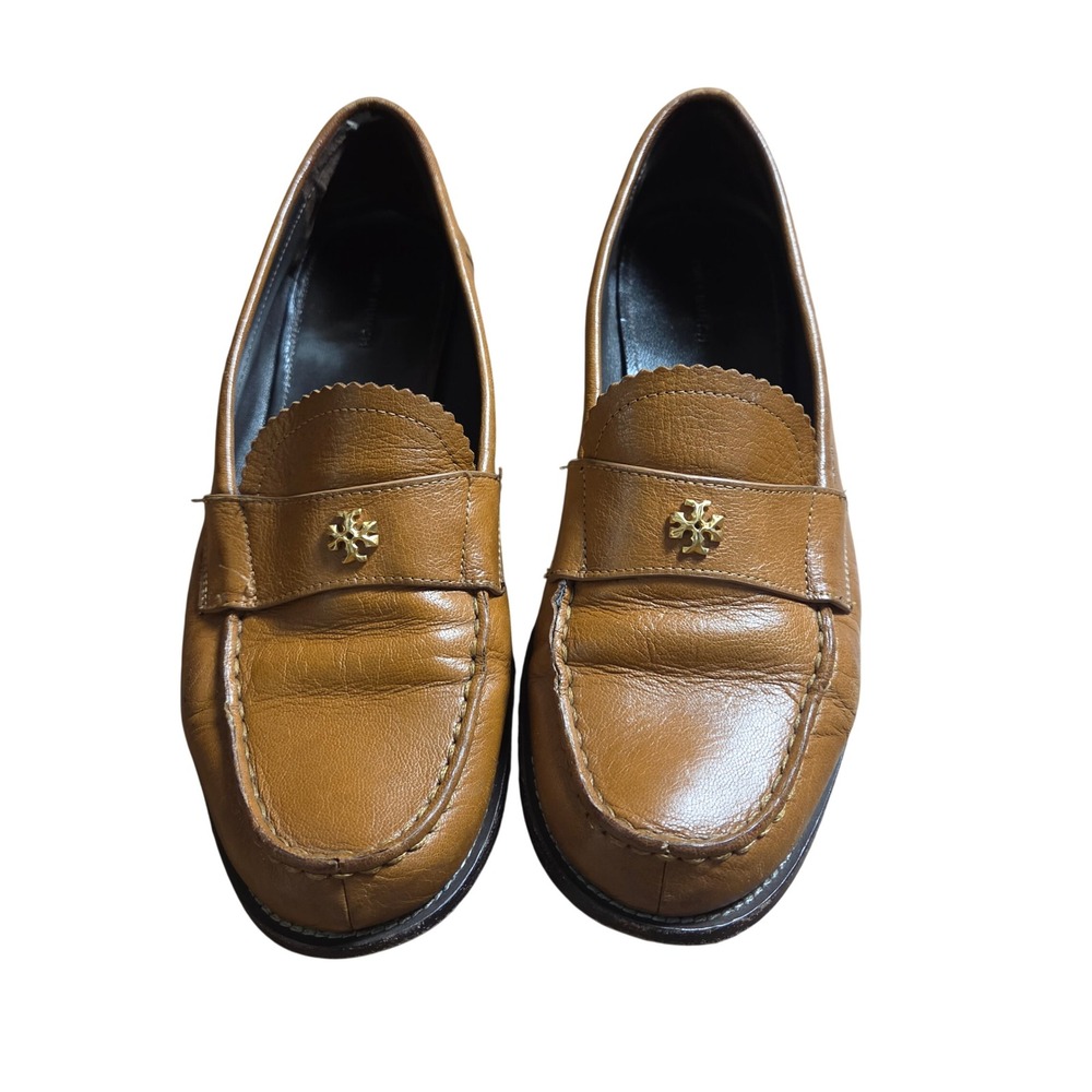Tory Burch Classic Leather Penny Loafers Scalloped Gold Logo Flats 10M 12473